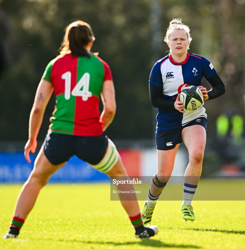 7 March 2026; Dannah O'Brien of Wolfhounds during the Celtic Challenge Round 10 match between Wolfhounds and Clovers at Belfield Bowl in Dublin. Photo by Shauna Clinton/Sportsfile