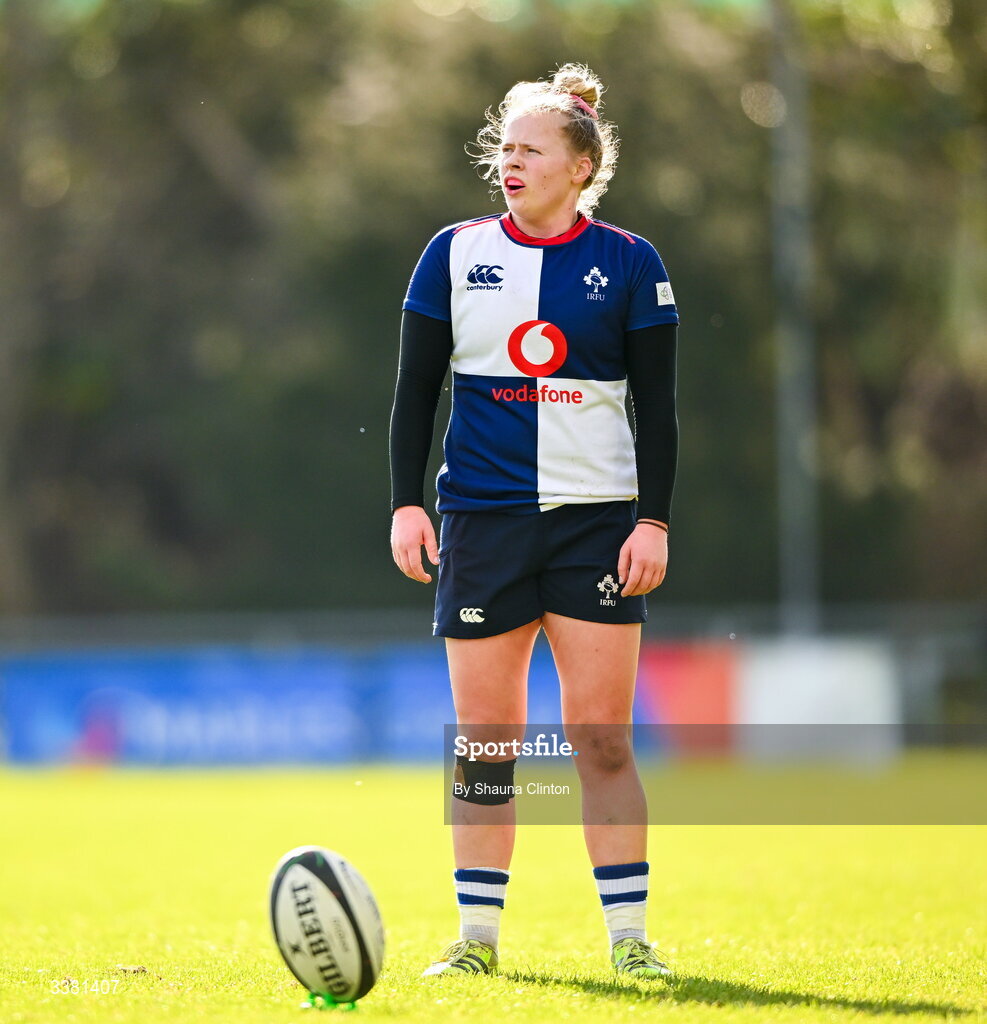 7 March 2026; Dannah O'Brien of Wolfhounds prepares to kick a conversion during the Celtic Challenge Round 10 match between Wolfhounds and Clovers at Belfield Bowl in Dublin. Photo by Shauna Clinton/Sportsfile