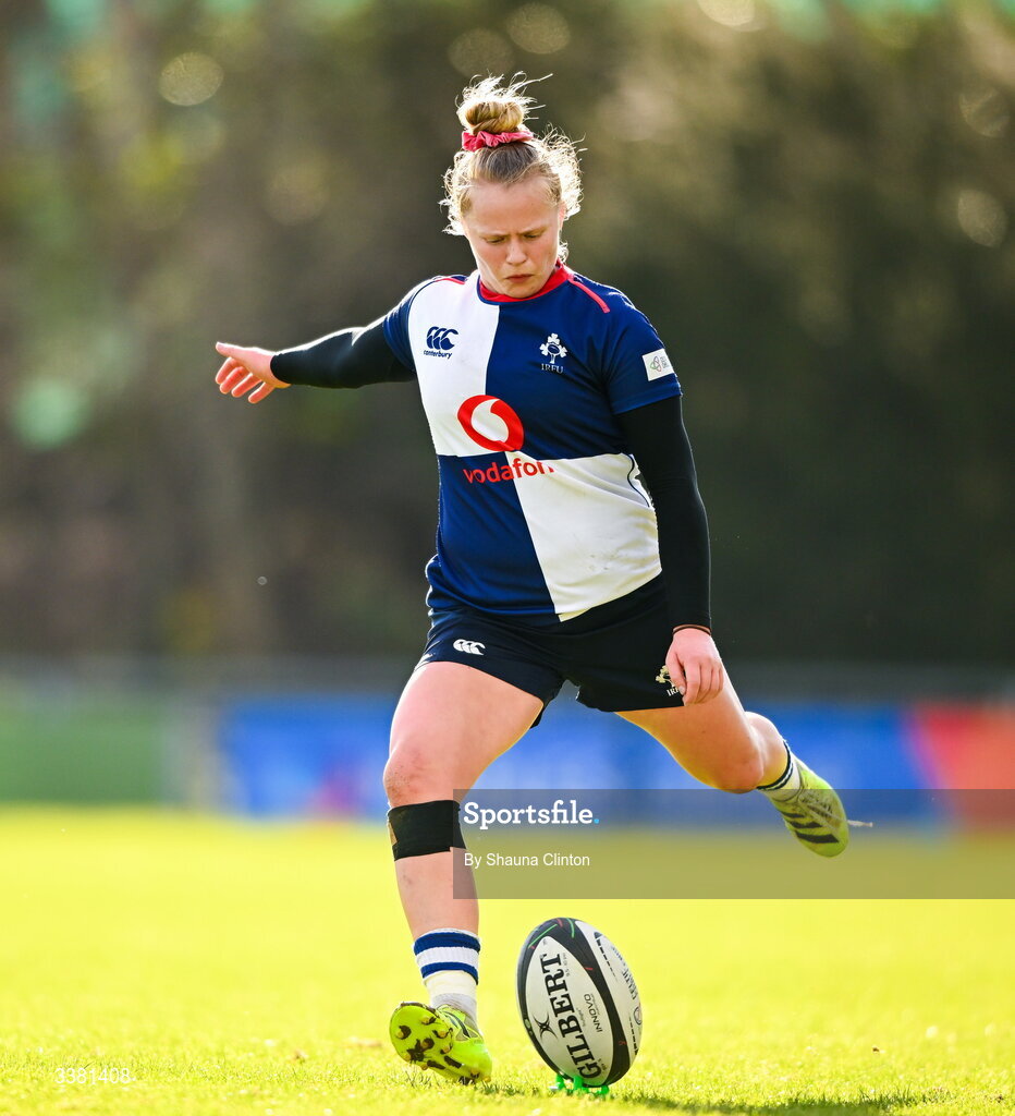 7 March 2026; Dannah O'Brien of Wolfhounds kicks a conversion during the Celtic Challenge Round 10 match between Wolfhounds and Clovers at Belfield Bowl in Dublin. Photo by Shauna Clinton/Sportsfile