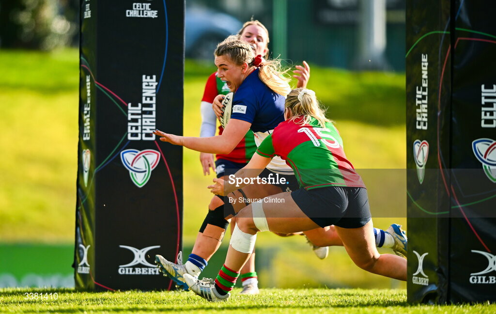 7 March 2026; India Daley of Wolfhounds scores a try during the Celtic Challenge Round 10 match between Wolfhounds and Clovers at Belfield Bowl in Dublin. Photo by Shauna Clinton/Sportsfile