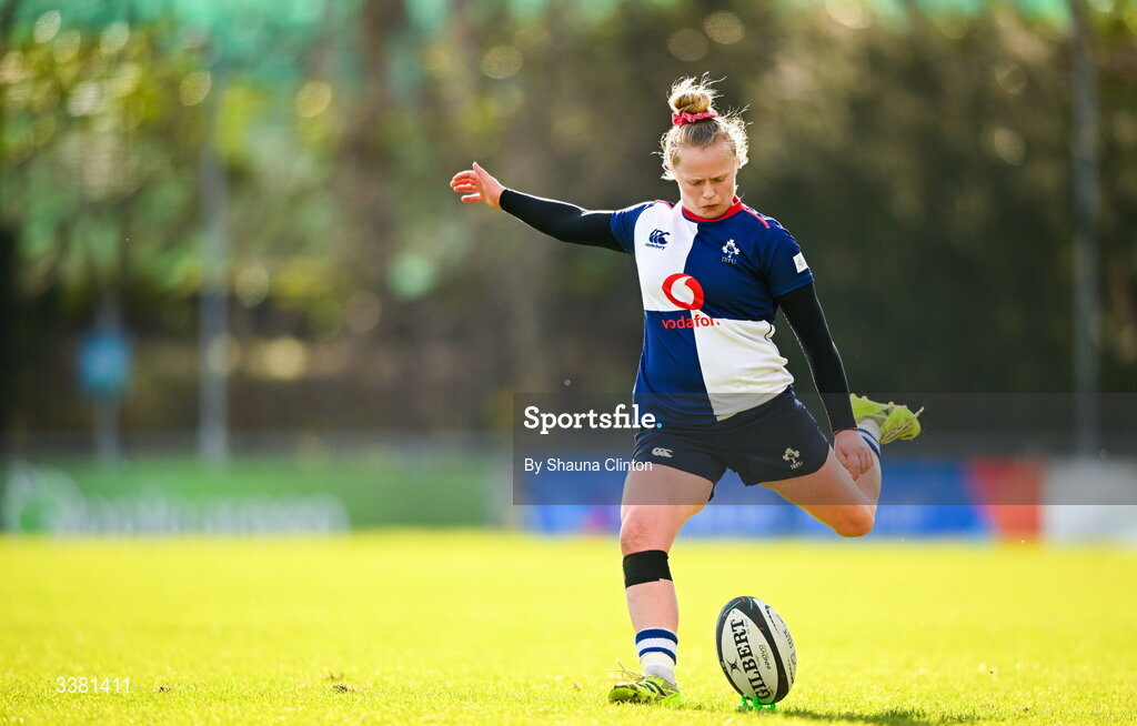 7 March 2026; Dannah O'Brien of Wolfhounds kicks a conversion during the Celtic Challenge Round 10 match between Wolfhounds and Clovers at Belfield Bowl in Dublin. Photo by Shauna Clinton/Sportsfile