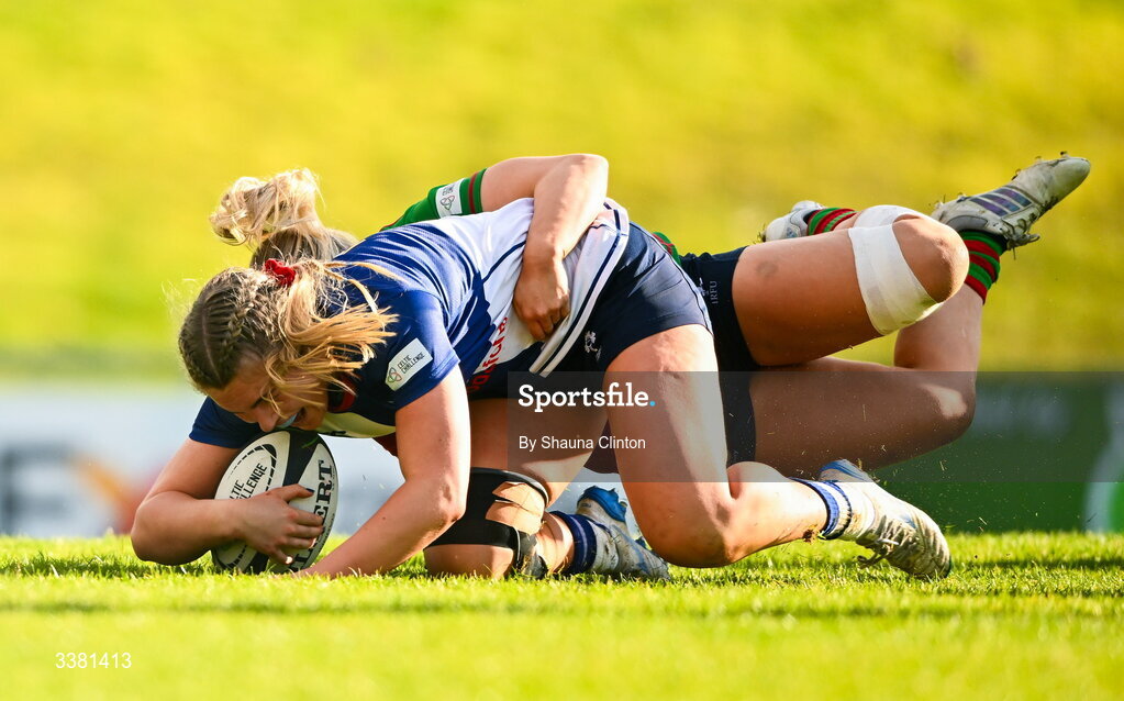 7 March 2026; India Daley of Wolfhounds scores a try during the Celtic Challenge Round 10 match between Wolfhounds and Clovers at Belfield Bowl in Dublin. Photo by Shauna Clinton/Sportsfile