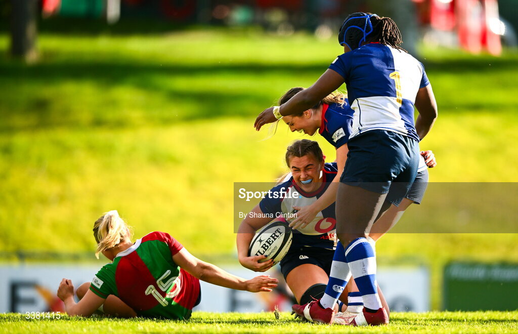 7 March 2026; India Daley of Wolfhounds, centre, is congratulated by team-mates after scoring a try during the Celtic Challenge Round 10 match between Wolfhounds and Clovers at Belfield Bowl in Dublin. Photo by Shauna Clinton/Sportsfile