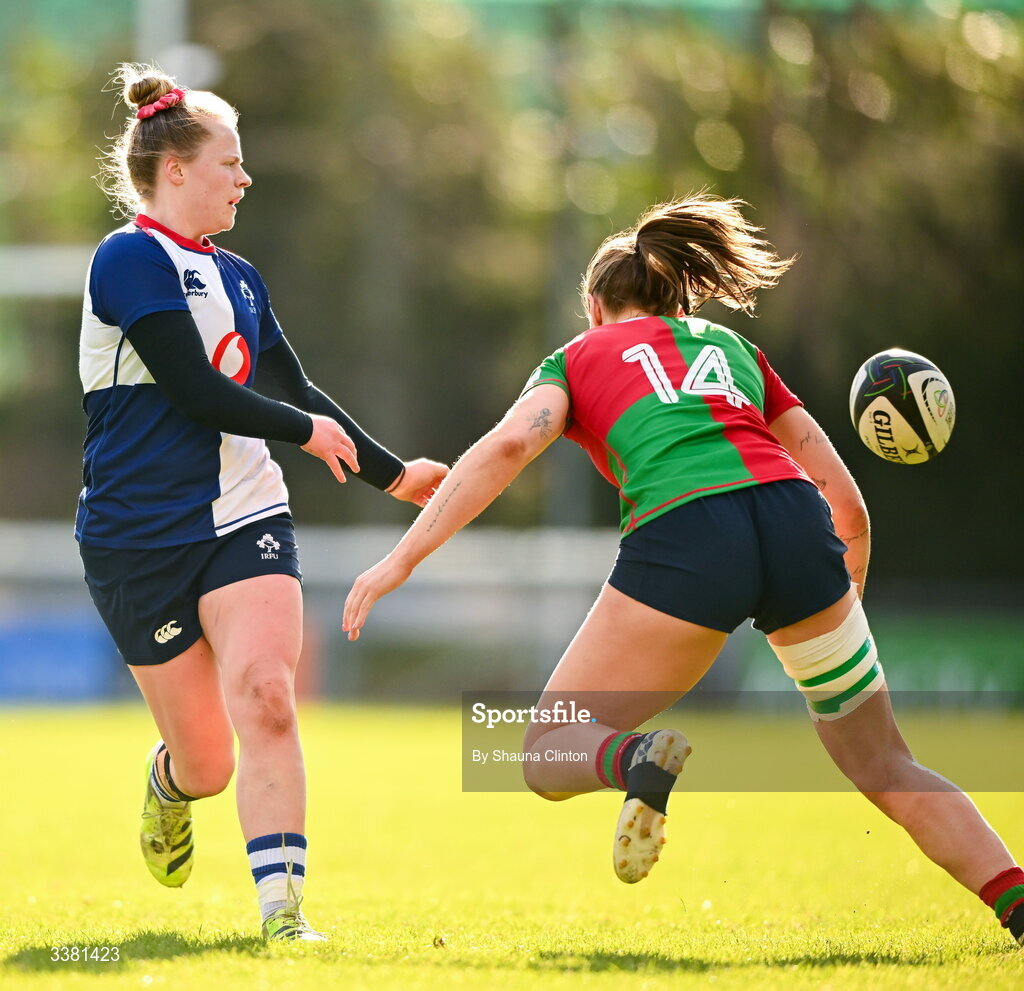 7 March 2026; Dannah O'Brien of Wolfhounds during the Celtic Challenge Round 10 match between Wolfhounds and Clovers at Belfield Bowl in Dublin. Photo by Shauna Clinton/Sportsfile