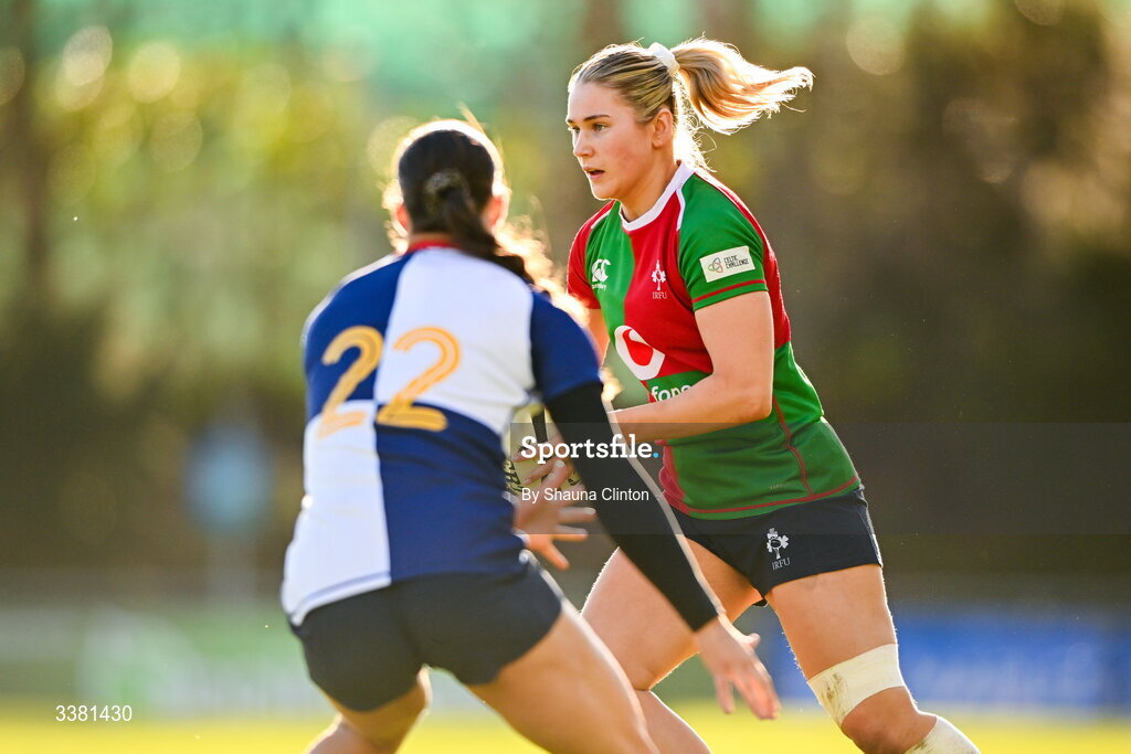 7 March 2026; Aoife Corey of Clovers in action against Vicky Elmes Kinlan of Wolfhounds during the Celtic Challenge Round 10 match between Wolfhounds and Clovers at Belfield Bowl in Dublin. Photo by Shauna Clinton/Sportsfile
