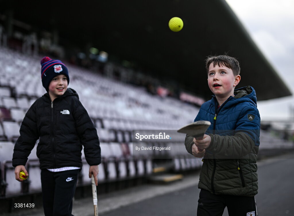 7 March 2026; Kodi Rooney, right, and Ethan O'Donnell, both age 8, and from Ebbeyknockmoy, Galway before the Allianz Hurling League Division 1A match between Galway and Kilkenny at Pearse Stadium in Galway. Photo by David Fitzgerald/Sportsfile
