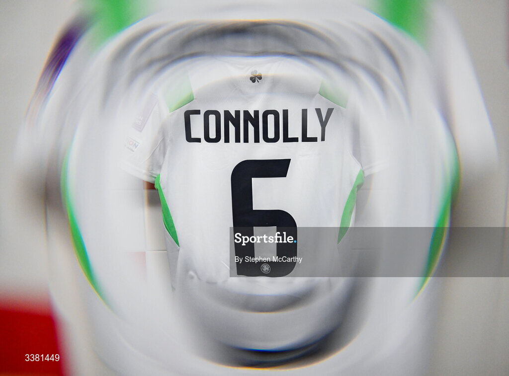 7 March 2026; (EDITOR'S NOTE; This image was created using a special effects camera filter) The jersey of Megan Connolly hangs in the Republic of Ireland dressing room before the 2027 FIFA Women’s World Cup Qualifier match between the Netherlands and Republic of Ireland at Stadion Galgenwaard in Utrecht, Netherlands. Photo by Stephen McCarthy/Sportsfile