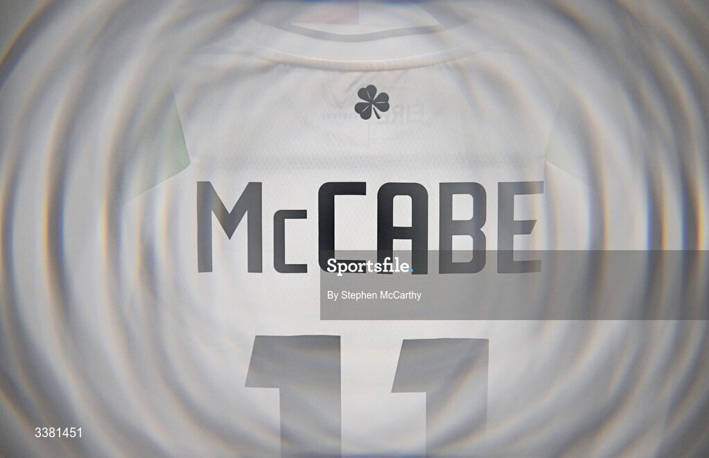 7 March 2026; (EDITOR'S NOTE; This image was created using a special effects camera filter) The jersey of Katie McCabe hangs in the Republic of Ireland dressing room before the 2027 FIFA Women’s World Cup Qualifier match between the Netherlands and Republic of Ireland at Stadion Galgenwaard in Utrecht, Netherlands. Photo by Stephen McCarthy/Sportsfile