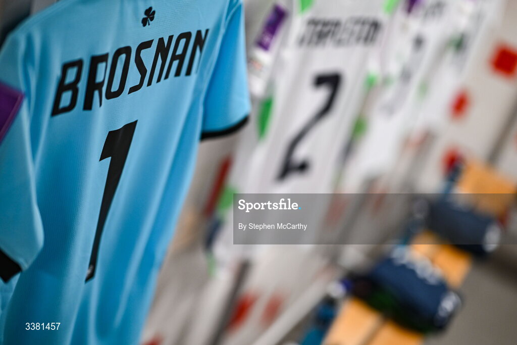 7 March 2026; The jersey of goalkeeper Courtney Brosnan hangs in the Republic of Ireland dressing room before the 2027 FIFA Women’s World Cup Qualifier match between the Netherlands and Republic of Ireland at Stadion Galgenwaard in Utrecht, Netherlands. Photo by Stephen McCarthy/Sportsfile