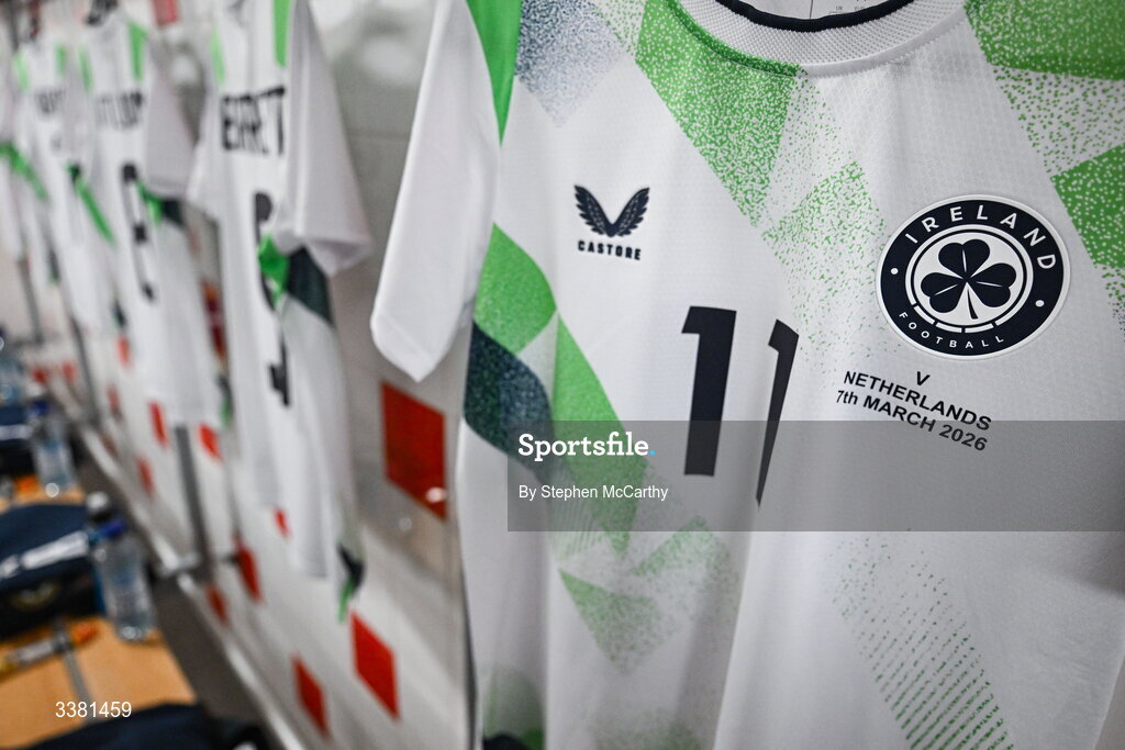 7 March 2026; A detailed view of the Republic of Ireland jersey to be worn by Katie McCabe in their dressing room before the 2027 FIFA Women’s World Cup Qualifier match between the Netherlands and Republic of Ireland at Stadion Galgenwaard in Utrecht, Netherlands. Photo by Stephen McCarthy/Sportsfile