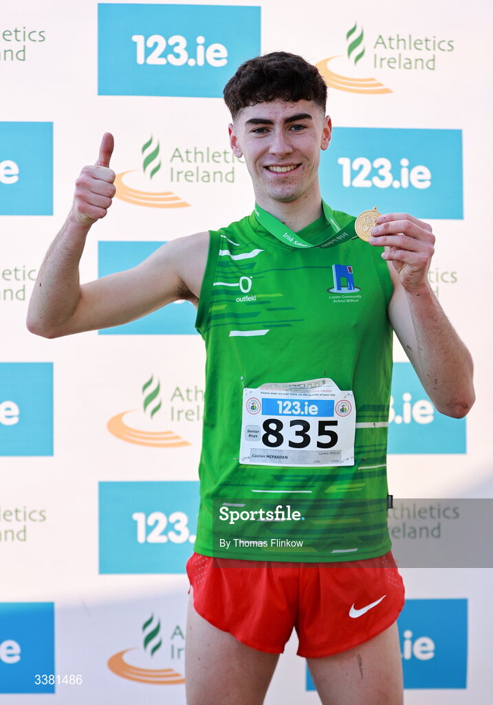 7 March 2026; Caolan McFadden of Loreto Milford, Donegal, celebrates with his gold medal after winning the senior boys event during the 123.ie All Ireland Schools’ Cross Country Championships at Mallusk Playing Fields in Newtownabbey, Antrim. Photo by Thomas Flinkow/Sportsfile
