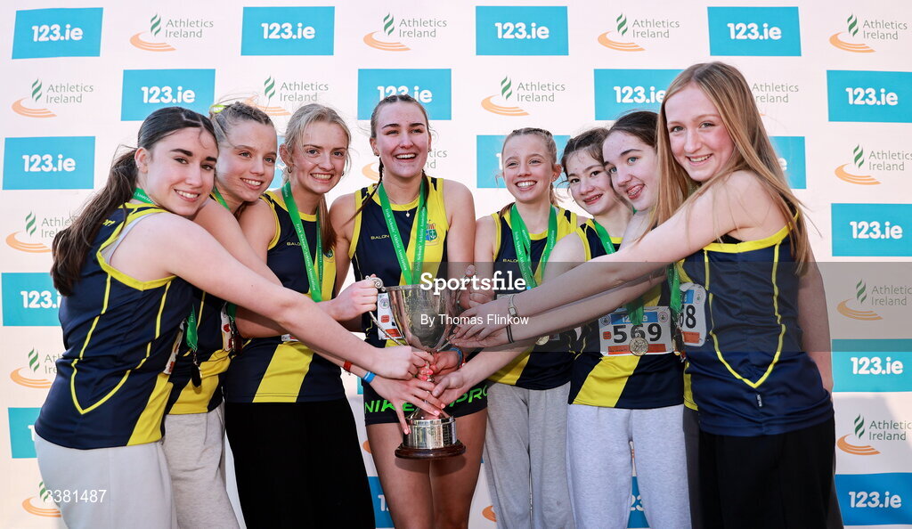 7 March 2026; Athletes of Sacred Heart School Westport, Mayo, celebrate after the 123.ie All Ireland Schools’ Cross Country Championships at Mallusk Playing Fields in Newtownabbey, Antrim. Photo by Thomas Flinkow/Sportsfile