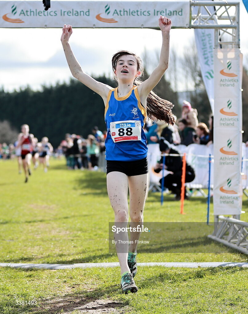 7 March 2026; Matilda Cusack of Killina Secondary School Co. Offaly celebrates winning the minor girls event during the 123.ie All Ireland Schools’ Cross Country Championships at Mallusk Playing Fields in Newtownabbey, Antrim. Photo by Thomas Flinkow/Sportsfile