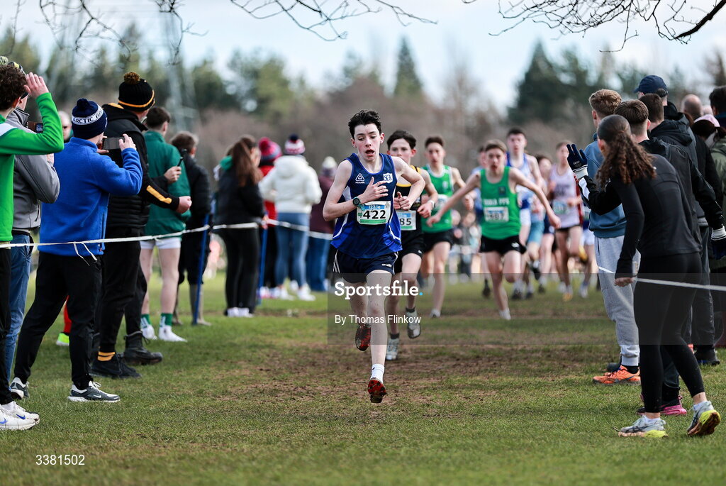 7 March 2026; Dónal Coyle of Seamount College Kinvara, Galway, competes in the junior boys event during the 123.ie All Ireland Schools’ Cross Country Championships at Mallusk Playing Fields in Newtownabbey, Antrim. Photo by Thomas Flinkow/Sportsfile
