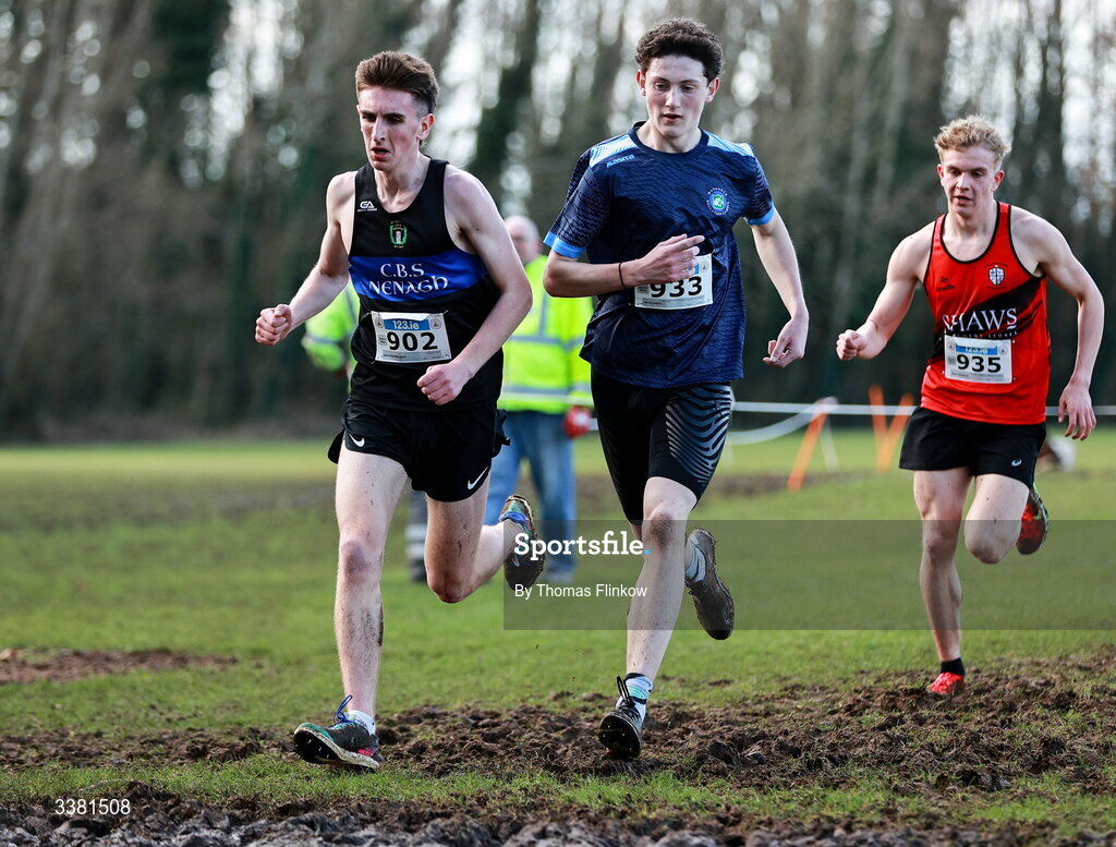 7 March 2026; Harry Cahill of Maynooth Post Primary School Maynooth, Kildare, 933, and Diarmuid Moloney of Nenagh CBS, Tipperary, 902, compete in the senior boys event, during the 123.ie All Ireland Schools’ Cross Country Championships at Mallusk Playing Fields in Newtownabbey, Antrim. Photo by Thomas Flinkow/Sportsfile