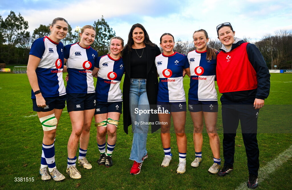 7 March 2026; American and Bristol Bears rugby player Ilona Maher, centre, with Wolfhounds players after their side's victory in the Celtic Challenge Round 10 match between Wolfhounds and Clovers at Belfield Bowl in Dublin. Photo by Shauna Clinton/Sportsfile