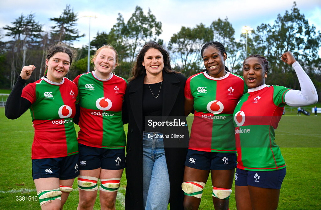 7 March 2026; American and Bristol Bears rugby player Ilona Maher, centre, with Clovers players after the Celtic Challenge Round 10 match between Wolfhounds and Clovers at Belfield Bowl in Dublin. Photo by Shauna Clinton/Sportsfile