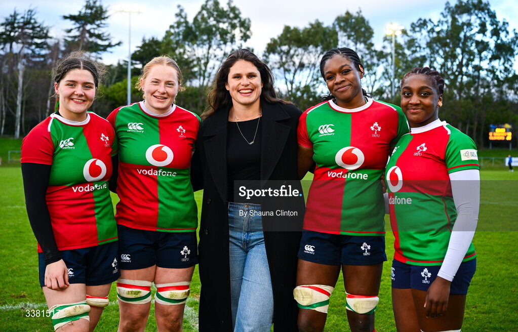 7 March 2026; American and Bristol Bears rugby player Ilona Maher, centre, with Clovers players after the Celtic Challenge Round 10 match between Wolfhounds and Clovers at Belfield Bowl in Dublin. Photo by Shauna Clinton/Sportsfile