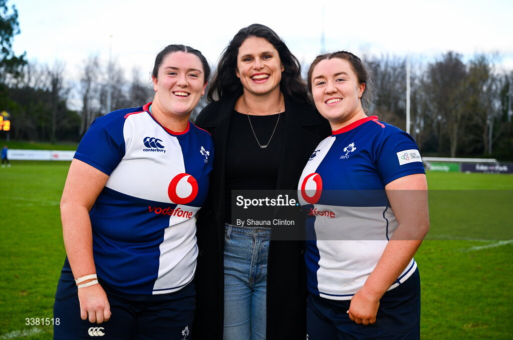 7 March 2026; American and Bristol Bears rugby player Ilona Maher, centre, with Wolfhounds players and sisters, Emma-Jane, left, and Hannah Wilson after their side's victory in the Celtic Challenge Round 10 match between Wolfhounds and Clovers at Belfield Bowl in Dublin. Photo by Shauna Clinton/Sportsfile