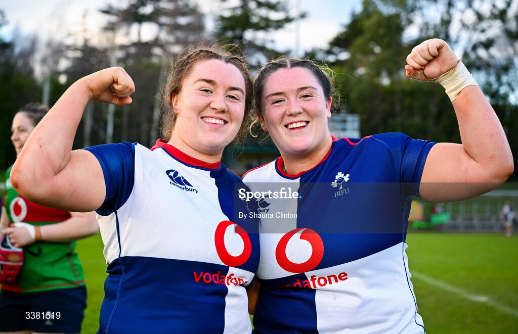 7 March 2026; Wolfhounds players and sisters, Emma-Jane, left, and Hannah Wilson after their side's victory in the Celtic Challenge Round 10 match between Wolfhounds and Clovers at Belfield Bowl in Dublin. Photo by Shauna Clinton/Sportsfile