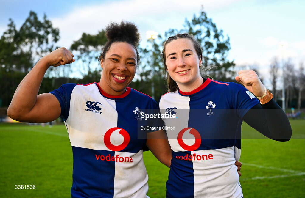 7 March 2026; Wolfhounds players Grace Moore, left, and Eve Higgins after their side's victory in the Celtic Challenge Round 10 match between Wolfhounds and Clovers at Belfield Bowl in Dublin. Photo by Shauna Clinton/Sportsfile