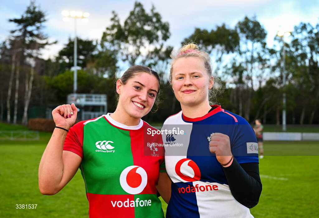 7 March 2026; Katie Whelan of Wolfhounds, left, and Dannah O'Brien of Wolfhounds after the Celtic Challenge Round 10 match between Wolfhounds and Clovers at Belfield Bowl in Dublin. Photo by Shauna Clinton/Sportsfile