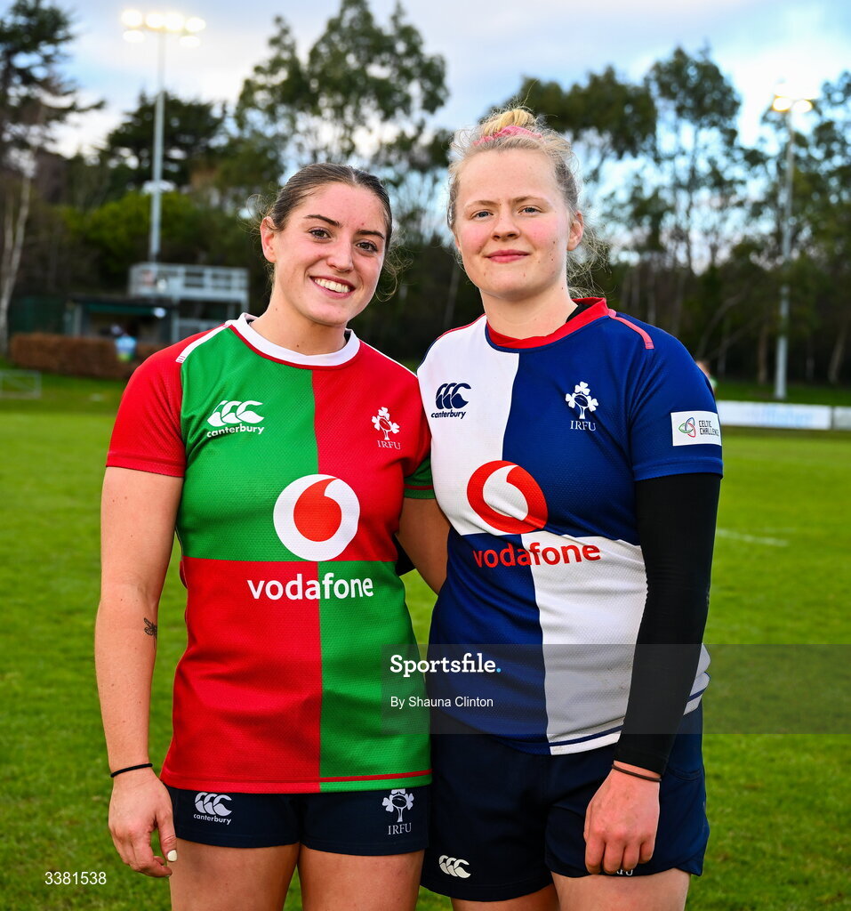 7 March 2026; Katie Whelan of Wolfhounds, left, and Dannah O'Brien of Wolfhounds after the Celtic Challenge Round 10 match between Wolfhounds and Clovers at Belfield Bowl in Dublin. Photo by Shauna Clinton/Sportsfile