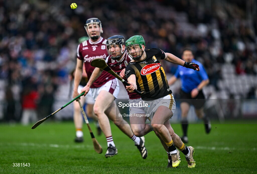 7 March 2026; Tom Phelan of Kilkenny in action against Padraic Mannion of Galway during the Allianz Hurling League Division 1A match between Galway and Kilkenny at Pearse Stadium in Galway. Photo by David Fitzgerald/Sportsfile