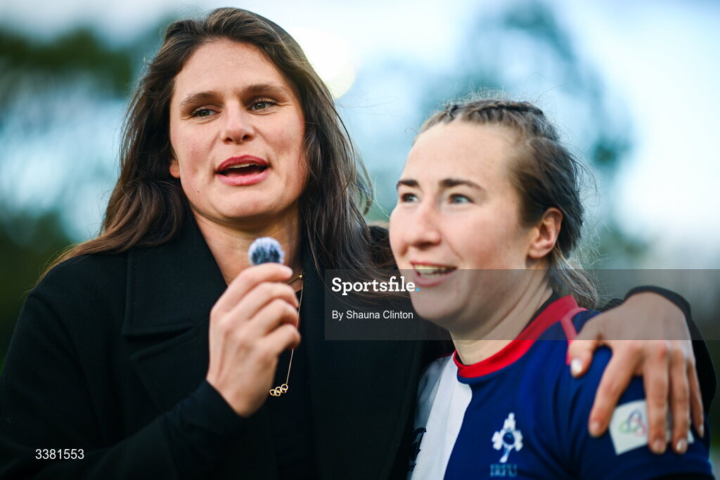 7 March 2026; American and Bristol Bears rugby player Ilona Maher, left, and Eve Higgins of Wolfhounds the Celtic Challenge Round 10 match between Wolfhounds and Clovers at Belfield Bowl in Dublin. Photo by Shauna Clinton/Sportsfile