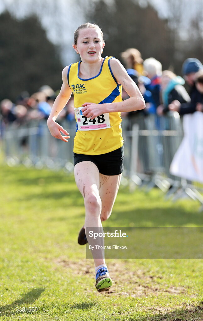 7 March 2026; Sophie Rankin of Bangor Academy, Down, competes in the junior girls event during the 123.ie All Ireland Schools’ Cross Country Championships at Mallusk Playing Fields in Newtownabbey, Antrim. Photo by Thomas Flinkow/Sportsfile