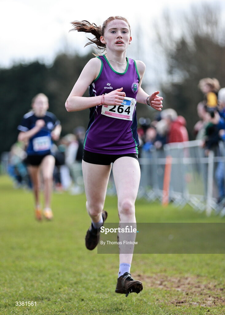 7 March 2026; Kate Kelly of Mount Lourdes Enniskillen, Fermanagh, competes in the junior girls event during the 123.ie All Ireland Schools’ Cross Country Championships at Mallusk Playing Fields in Newtownabbey, Antrim. Photo by Thomas Flinkow/Sportsfile