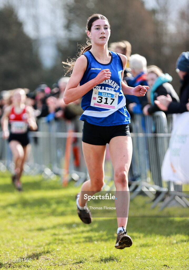 7 March 2026; Nicole Griffin of St Flannans Ennis, Clare, competes in the junior girls event during the 123.ie All Ireland Schools’ Cross Country Championships at Mallusk Playing Fields in Newtownabbey, Antrim. Photo by Thomas Flinkow/Sportsfile