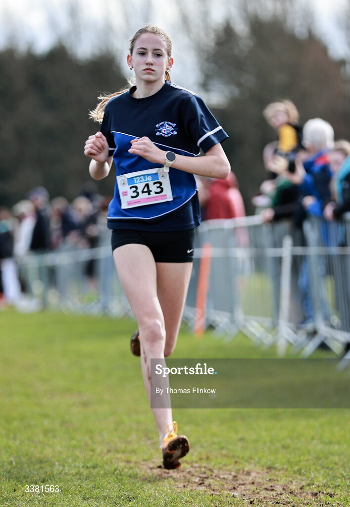 7 March 2026; Emily O'Keeffe of Loreto Kilkenny Co. Kilkenny competes in the junior girls event during the 123.ie All Ireland Schools’ Cross Country Championships at Mallusk Playing Fields in Newtownabbey, Antrim. Photo by Thomas Flinkow/Sportsfile