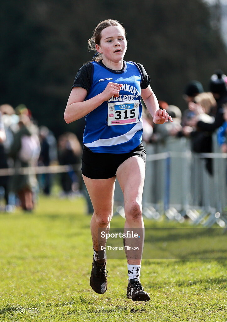 7 March 2026; Holly Farmer  of St Flannans Ennis, Clare, competes in the junior girls event during the 123.ie All Ireland Schools’ Cross Country Championships at Mallusk Playing Fields in Newtownabbey, Antrim. Photo by Thomas Flinkow/Sportsfile