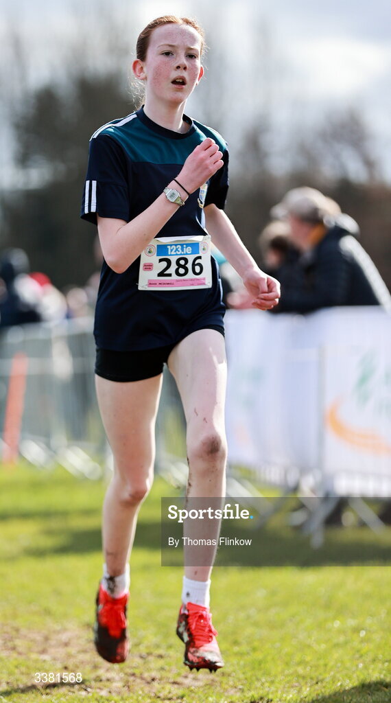 7 March 2026; Annie McDowell of Sancta Maria College Louisburgh, Mayo, competes in the junior girls event during the 123.ie All Ireland Schools’ Cross Country Championships at Mallusk Playing Fields in Newtownabbey, Antrim. Photo by Thomas Flinkow/Sportsfile