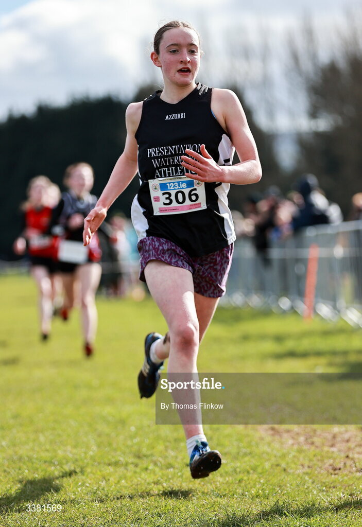 7 March 2026; Lucy Lee-O'Donnell of Pres Waterford competes in the junior girls event during the 123.ie All Ireland Schools’ Cross Country Championships at Mallusk Playing Fields in Newtownabbey, Antrim. Photo by Thomas Flinkow/Sportsfile