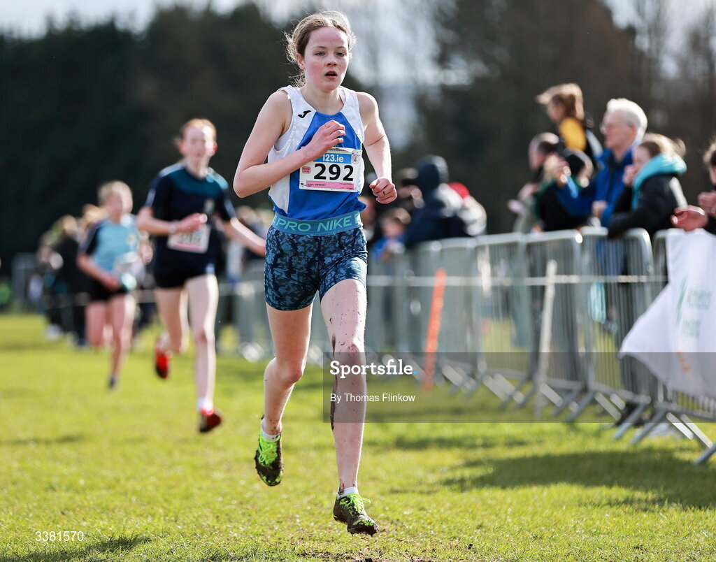 7 March 2026; Freya Sweeney of St Josephs Castlebar, Mayo, competes in the junior girls event during the 123.ie All Ireland Schools’ Cross Country Championships at Mallusk Playing Fields in Newtownabbey, Antrim. Photo by Thomas Flinkow/Sportsfile