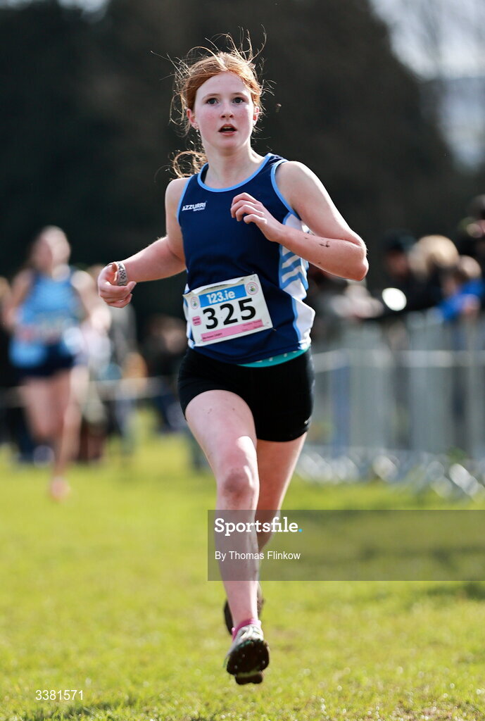 7 March 2026; Murieann Casey  of Ursuline Thurles, Tipperary, competes in the junior girls event during the 123.ie All Ireland Schools’ Cross Country Championships at Mallusk Playing Fields in Newtownabbey, Antrim. Photo by Thomas Flinkow/Sportsfile