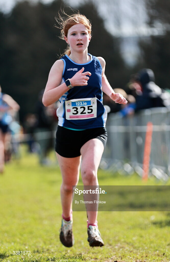 7 March 2026; Murieann Casey  of Ursuline Thurles, Tipperary, competes in the junior girls event during the 123.ie All Ireland Schools’ Cross Country Championships at Mallusk Playing Fields in Newtownabbey, Antrim. Photo by Thomas Flinkow/Sportsfile