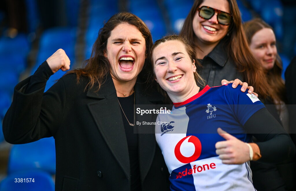 7 March 2026; American and Bristol Bears rugby player Ilona Maher, left, and her sister Olivia, right, with Eve Higgins of Wolfhounds after the Celtic Challenge Round 10 match between Wolfhounds and Clovers at Belfield Bowl in Dublin. Photo by Shauna Clinton/Sportsfile