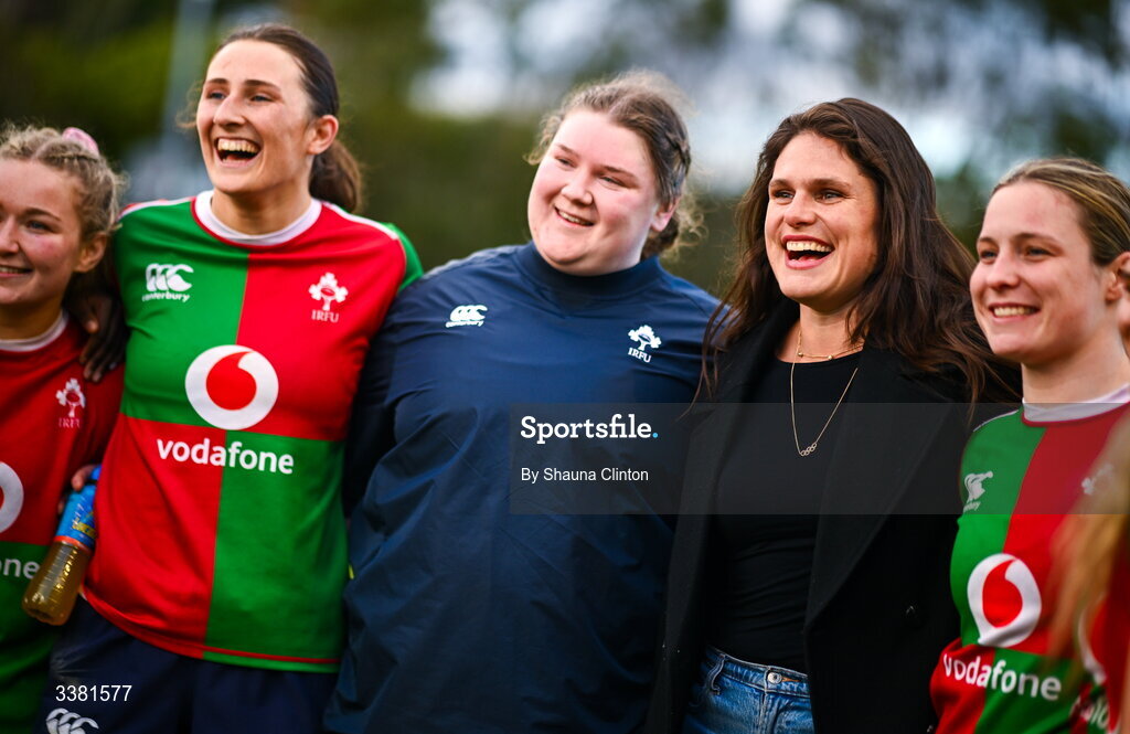 7 March 2026; American and Bristol Bears rugby player Ilona Maher, centre, with Clovers players after the Celtic Challenge Round 10 match between Wolfhounds and Clovers at Belfield Bowl in Dublin. Photo by Shauna Clinton/Sportsfile
