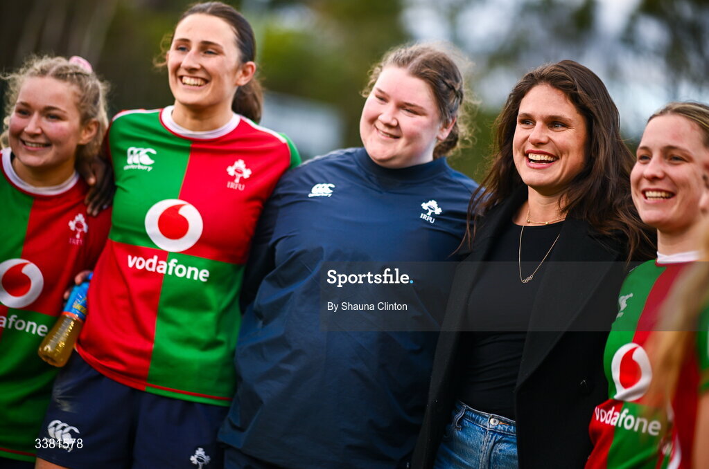 7 March 2026; American and Bristol Bears rugby player Ilona Maher, centre, with Clovers players after the Celtic Challenge Round 10 match between Wolfhounds and Clovers at Belfield Bowl in Dublin. Photo by Shauna Clinton/Sportsfile