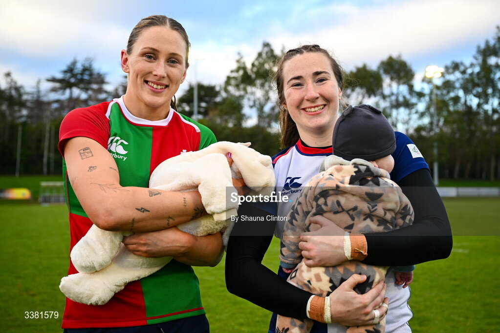 7 March 2026; Anna McGann of Clovers, left, and Eve Higgins of Wolfhounds after the Celtic Challenge Round 10 match between Wolfhounds and Clovers at Belfield Bowl in Dublin. Photo by Shauna Clinton/Sportsfile