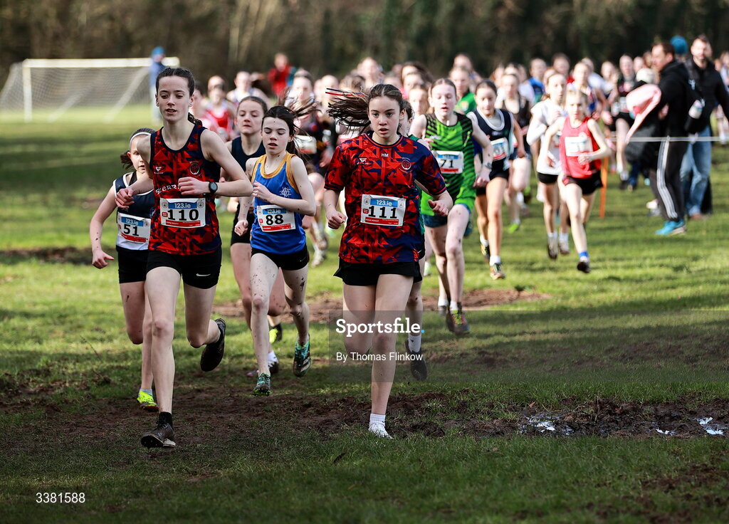 7 March 2026; A view of action during the girls minor event during the 123.ie All Ireland Schools’ Cross Country Championships at Mallusk Playing Fields in Newtownabbey, Antrim. Photo by Thomas Flinkow/Sportsfile