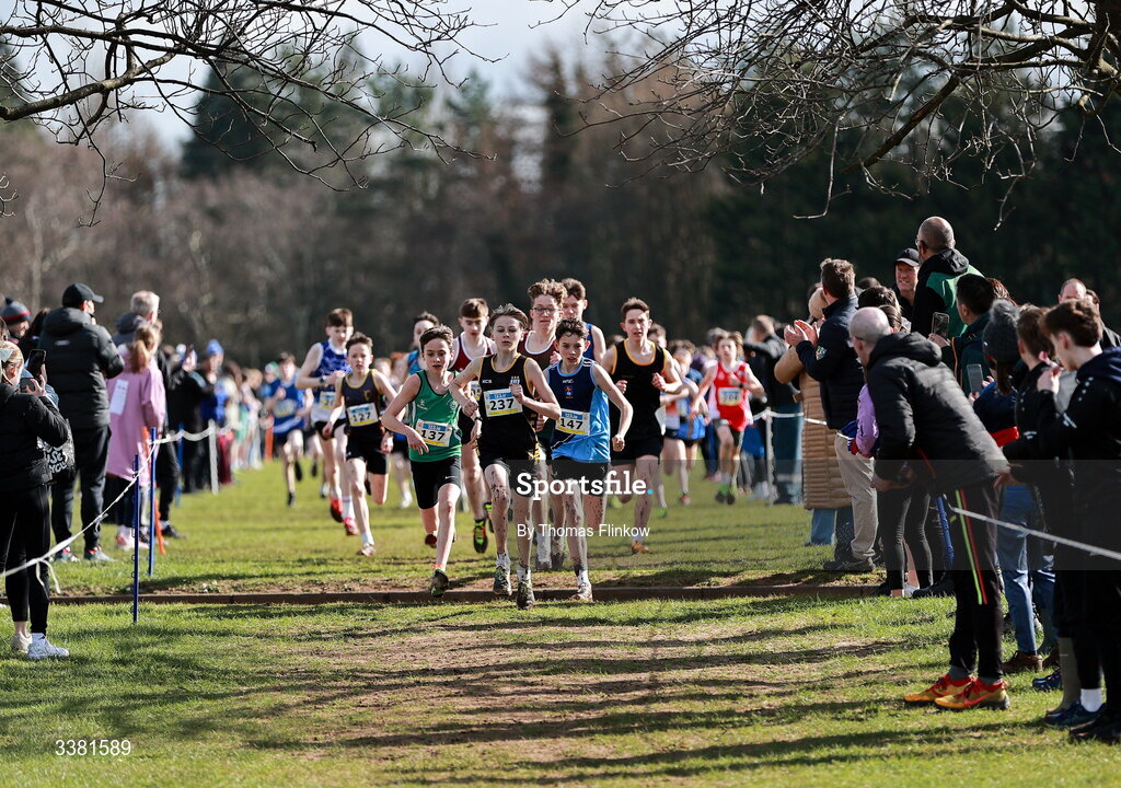 7 March 2026; A view of action during the minor boys event during the 123.ie All Ireland Schools’ Cross Country Championships at Mallusk Playing Fields in Newtownabbey, Antrim. Photo by Thomas Flinkow/Sportsfile