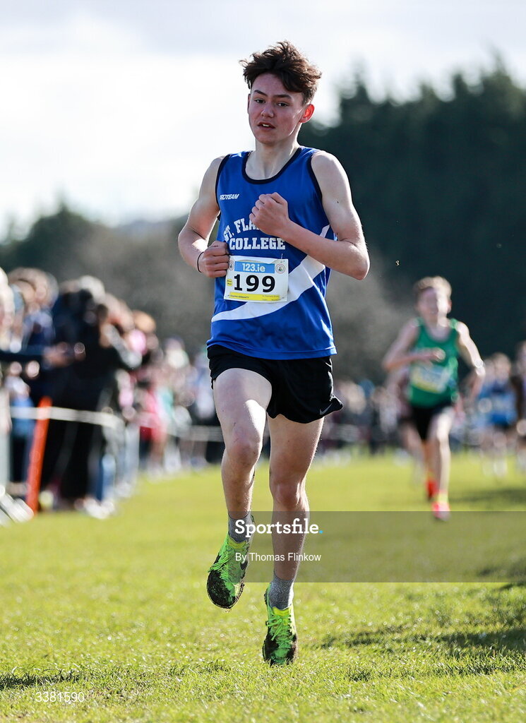 7 March 2026; Stephen Geraghty of St Flannans Ennis, Clare, on his way to winning the minor boys event during the 123.ie All Ireland Schools’ Cross Country Championships at Mallusk Playing Fields in Newtownabbey, Antrim. Photo by Thomas Flinkow/Sportsfile