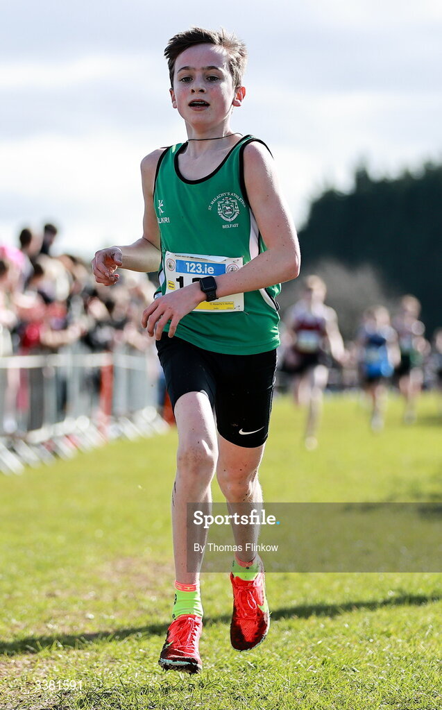 7 March 2026; Cormac Carabine of St Malachy's Belfast, Antrim, competes in the minor boys event during the 123.ie All Ireland Schools’ Cross Country Championships at Mallusk Playing Fields in Newtownabbey, Antrim. Photo by Thomas Flinkow/Sportsfile