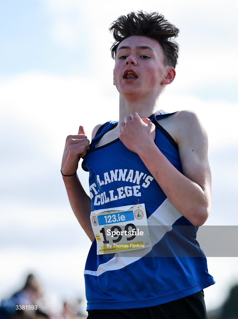 7 March 2026; Stephen Geraghty of St Flannans Ennis, Clare, reacts after winning the minor boys event during the 123.ie All Ireland Schools’ Cross Country Championships at Mallusk Playing Fields in Newtownabbey, Antrim. Photo by Thomas Flinkow/Sportsfile