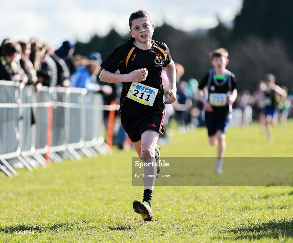 7 March 2026; Shane Ó Brolacháin of Colaiste Eoin, Dublin, competes in the minor boys event during the 123.ie All Ireland Schools’ Cross Country Championships at Mallusk Playing Fields in Newtownabbey, Antrim. Photo by Thomas Flinkow/Sportsfile