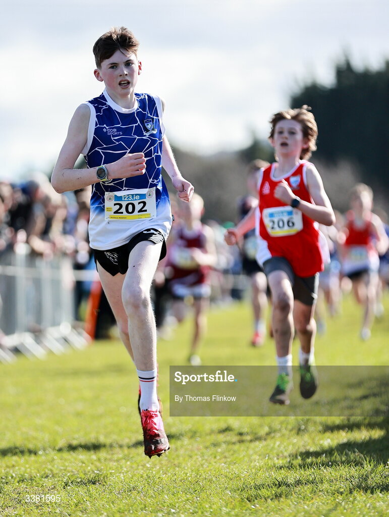 7 March 2026; Matthew Murphy of St Flannans Ennis, Clare, competes in the minor boys event during the 123.ie All Ireland Schools’ Cross Country Championships at Mallusk Playing Fields in Newtownabbey, Antrim. Photo by Thomas Flinkow/Sportsfile